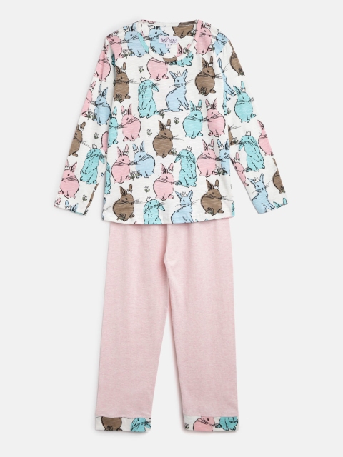 

Nite Flite Girls White & Blue Printed Night suit