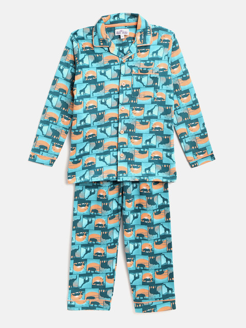 

Nite Flite Boys Turquoise Blue & Peach-Coloured Printed Night Suit