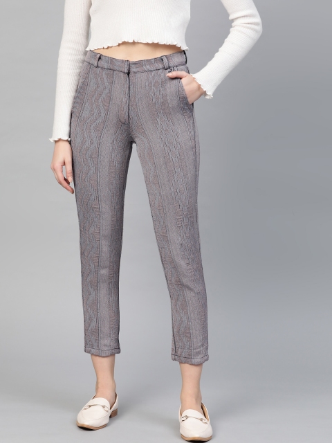 

I AM FOR YOU Women Grey & Beige Relaxed Straight Fit Self Design Cropped Trousers