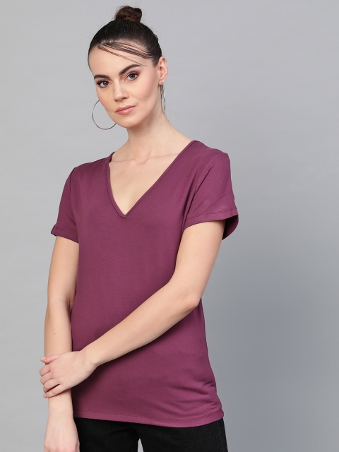 

I AM FOR YOU Women Purple Solid V-Neck T-shirt