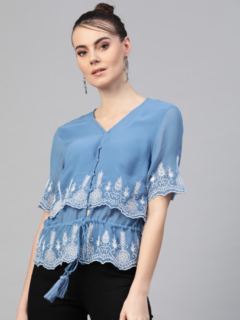 

I AM FOR YOU Women Blue & White Embroidered Layered Cinched Waist Top