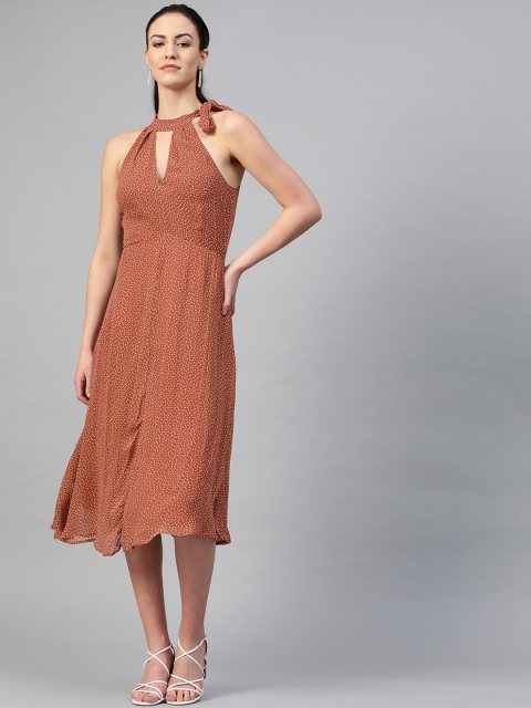 

I AM FOR YOU Women Rust Brown & Off White Polka Dots Print Fit and Flare Dress