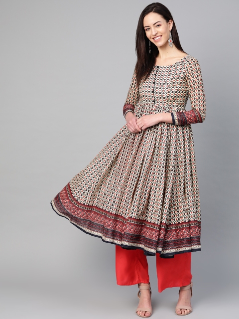 

I AM FOR YOU Women Beige & Red Printed Anarkali Kurta