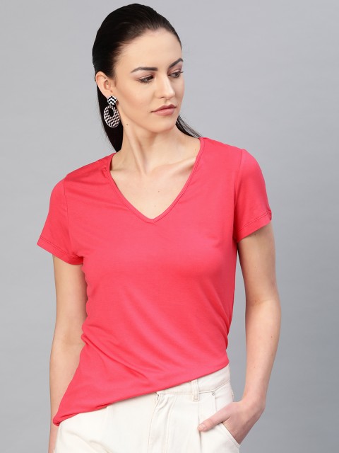 

I AM FOR YOU Women Pink Solid V-Neck T-shirt