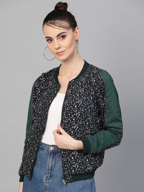 

I AM FOR YOU Women Green & Black Printed Lightweight Bomber Jacket