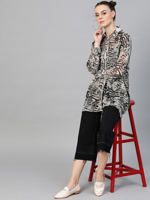 

I AM FOR YOU Women Grey & Black Printed Semi-Sheer Oversized Casual Shirt