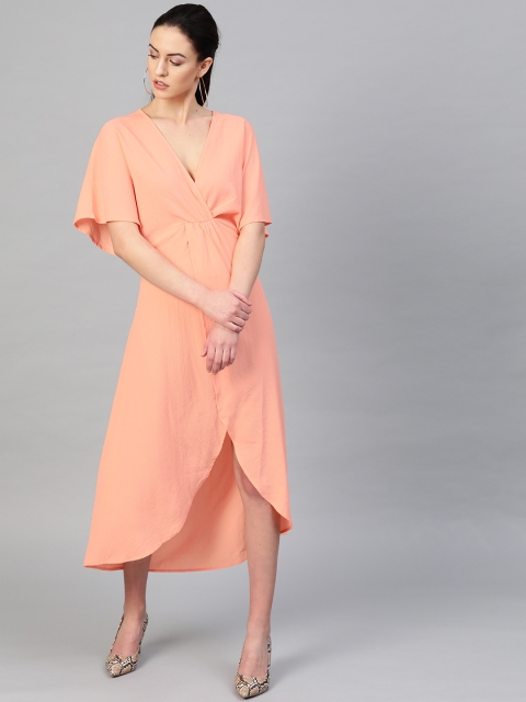

I AM FOR YOU Women Peach-Coloured Solid Wrap Dress