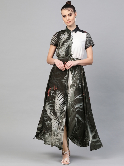 

I AM FOR YOU Women Black & Green Tropical Printed Maxi Dress