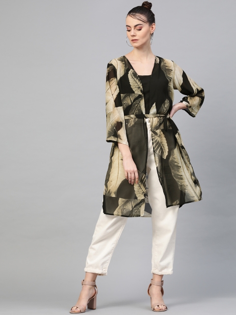 

I AM FOR YOU Women Black & Olive Green Printed Open Front Shrug with belt