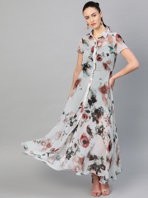 

I AM FOR YOU Women Grey Floral Print Semi-Sheer Maxi Dress