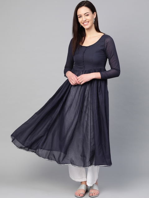 

I AM FOR YOU Women Navy Blue Semi Sheer Solid Anarkali Kurta