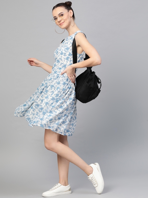 

I AM FOR YOU Women White & Blue Floral Print Fit & Flare Dress