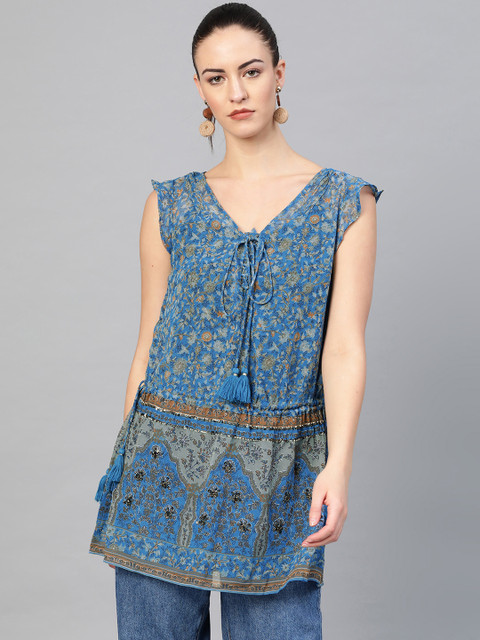 

I AM FOR YOU Women Blue & Brown Semi Sheer Printed Kurti