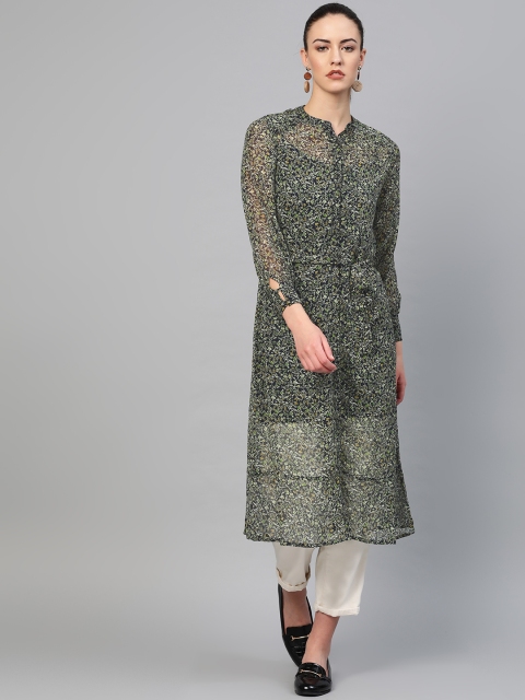

I AM FOR YOU Women Green & Yellow Printed Sheer A-Line Kurta