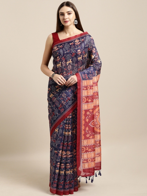 

Rajnandini Navy Blue & Red Silk Cotton Printed Kalamkari Handloom Saree