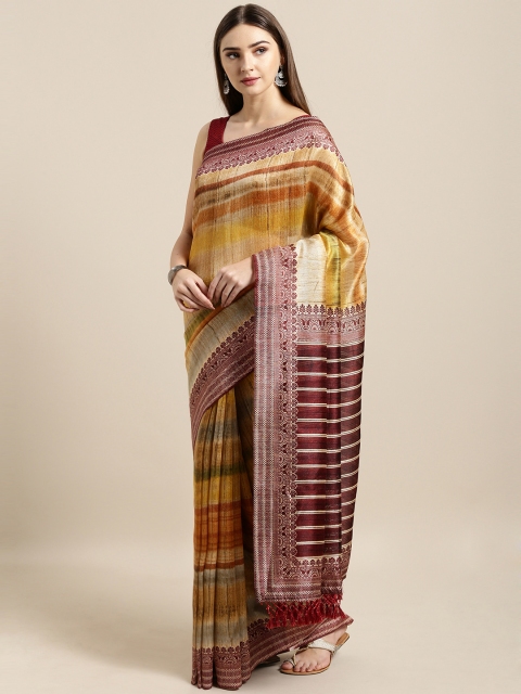 

Rajnandini Beige & Maroon Silk Blend Striped Saree