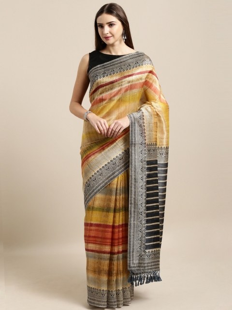 

Rajnandini Black & Beige Silk Blend Striped Saree