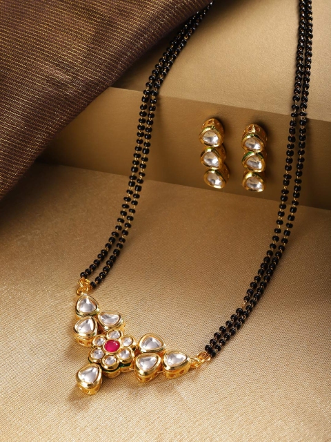 

Zobby Black Gold-Plated Kundan Studded Mangalsutra & Earrings Set