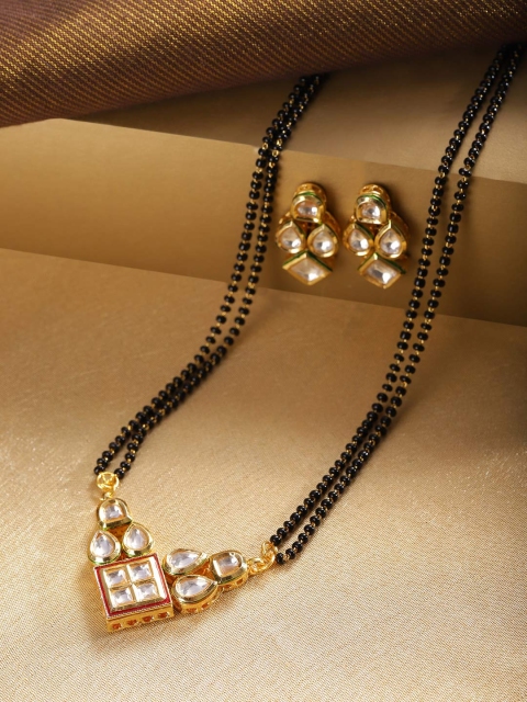 

Zobby Black Gold-Plated Kundan Studded Mangalsutra & Earrings Set