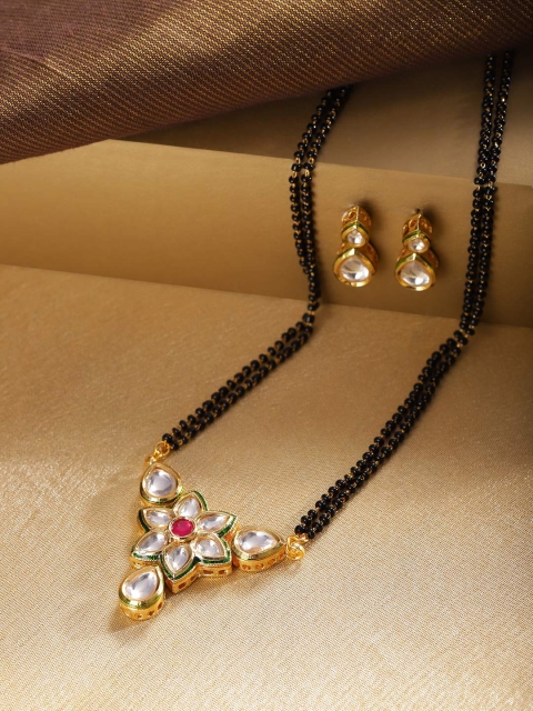 

Zobby Black Gold-Plated Kundan-Studded & Beaded Mangalsutra & Earrings Set