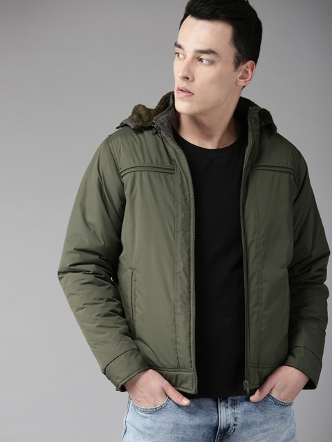 

Roadster Men Olive Green Solid Hooded Padded Jacket