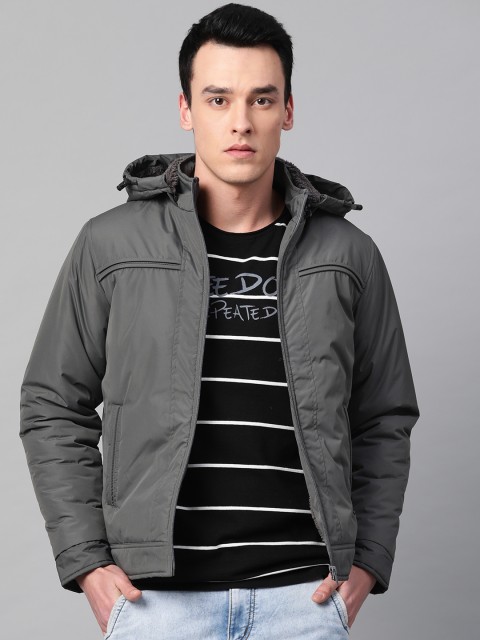 

Roadster Men Charcoal Grey Solid Hooded Padded Jacket
