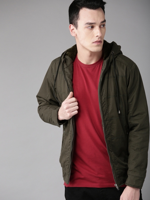 Roadster Men Olive Green Self Checked Hooded Padded Jacket