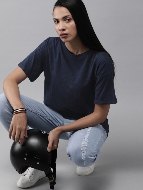 

Roadster Women Navy Blue Solid Round Neck T-shirt