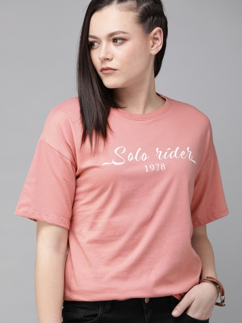 Women Peach-Coloured Printed Round Neck Pure Cotton T-shirt