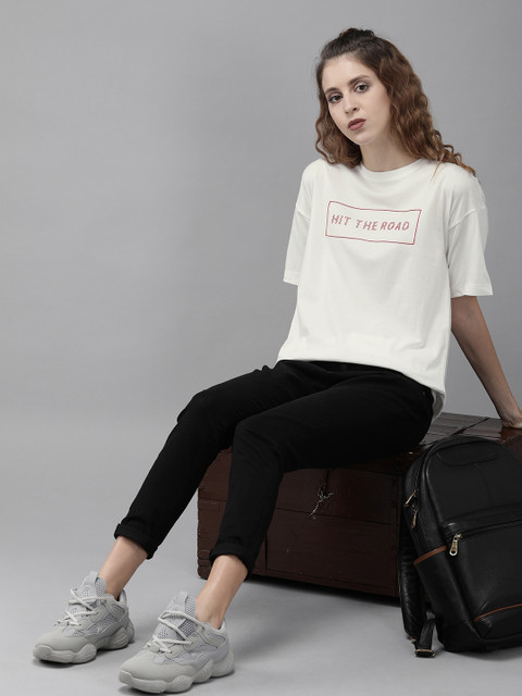 

The Roadster Lifestyle Co Women White Printed Round Neck Boxy Fit T-shirt
