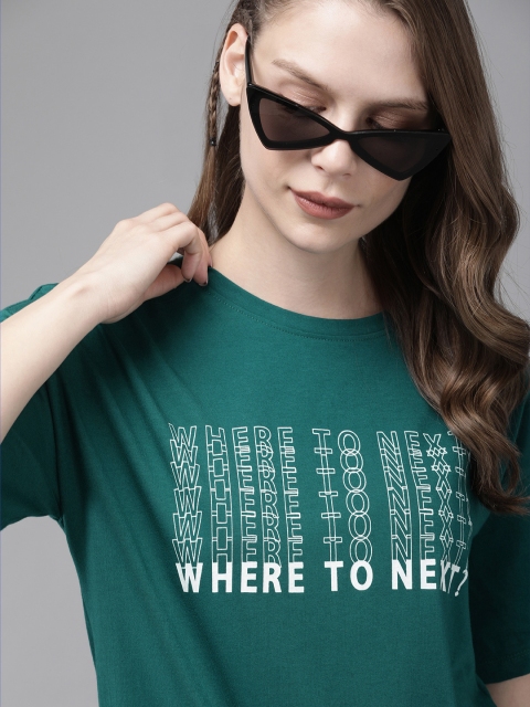 

Roadster Women Green & White Printed Round Neck T-shirt