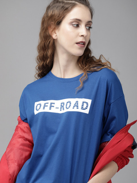 

Roadster Women Blue Printed Round Neck Boxy Fit T-shirt