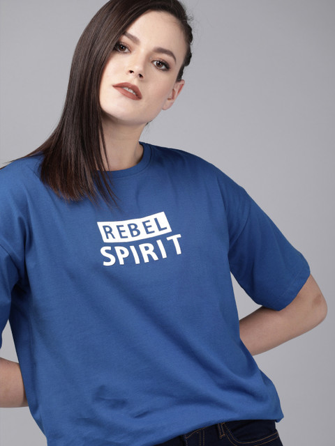 

Roadster Women Blue Printed Round Neck Boxy T-shirt