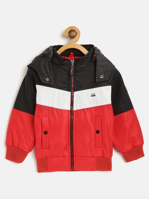 

Okane Boys Red & White Colourblocked Bomber Jacket with Detachable Hood