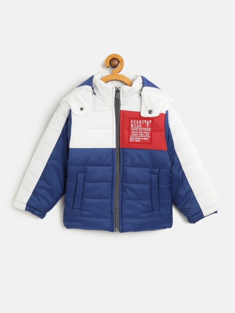 

Okane Boys Navy Blue & White Colourblocked Padded Jacket with Detachable Hood