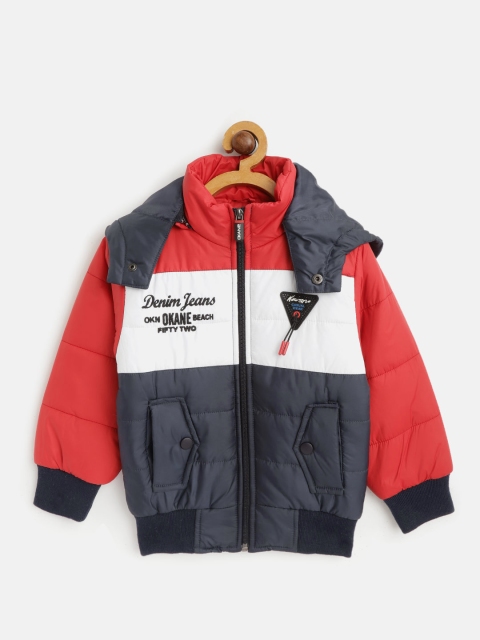 

Okane Boys Navy Blue & Red Colourblocked Bomber Jacket with Detachable Hood