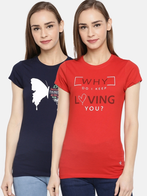 

Dollar Missy Women Red & Navy Blue Set Of 2 Printed Round Neck T-shirt