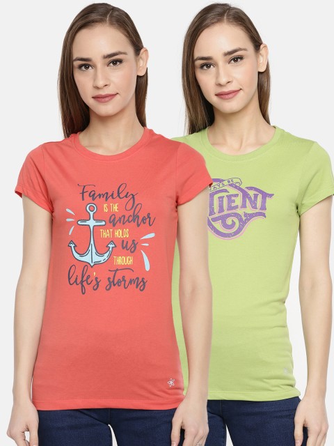 

Dollar Missy Women Green & Coral Red Set Of 2 Printed T-shirt