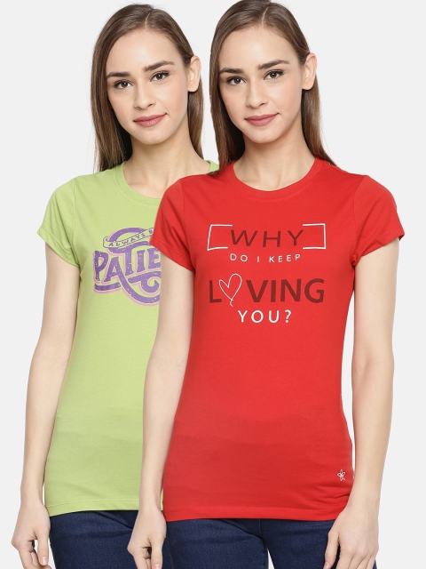 

Dollar Missy Women Green & Red Set Of 2 Printed Round Neck T-shirt