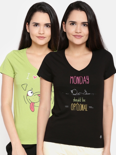 

Dollar Missy Women Green & Black Set Of 2 Printed V-Neck T-shirt