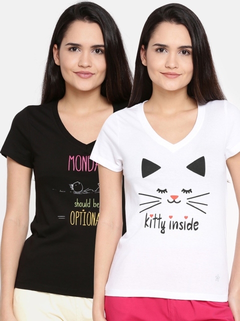 

Dollar Missy Women White & Black Set Of 2 Printed V-Neck T-shirt