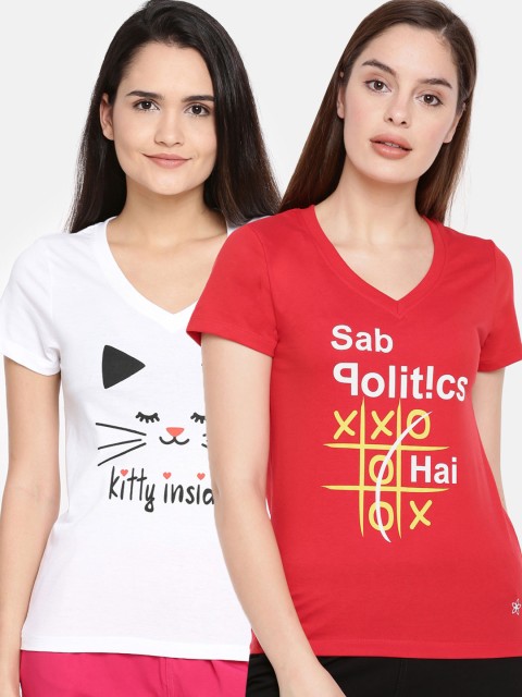 

Dollar Missy Women Red & White Set Of 2 Printed V-Neck T-shirt