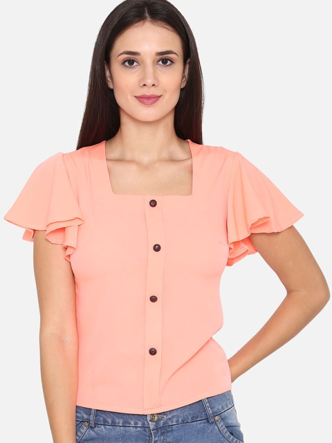 

PHWOAR Women Peach-Coloured Solid Shirt Style Top