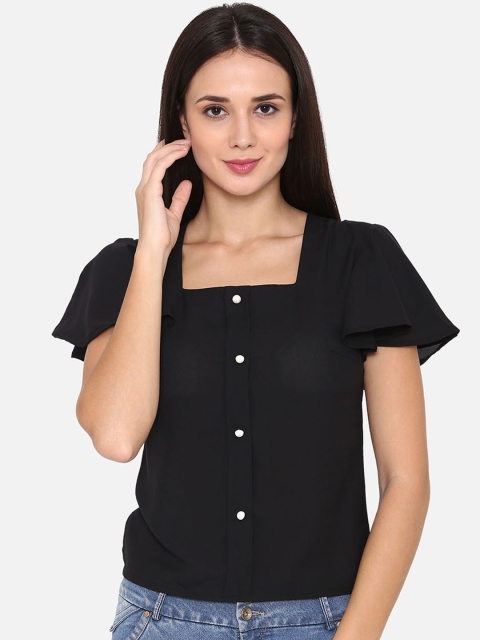 

PHWOAR Women Black Solid Shirt Style Top