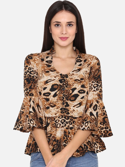 

PHWOAR Women Brown & Beige Printed Top