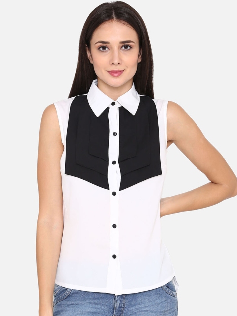 

PHWOAR Women White & Black Colourblocked Shirt Style Top