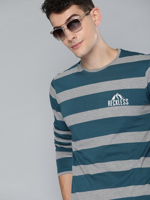

HERE&NOW Men Teal Blue & Grey Striped Round Neck T-shirt