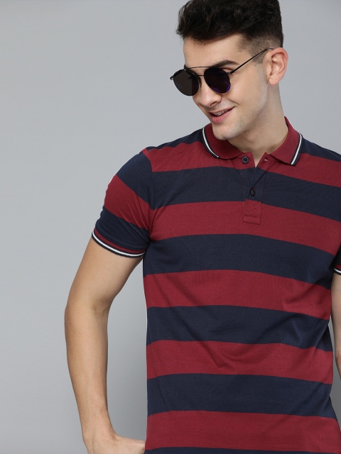 

HERE&NOW Men Navy Blue & Maroon Striped Polo Collar T-shirt