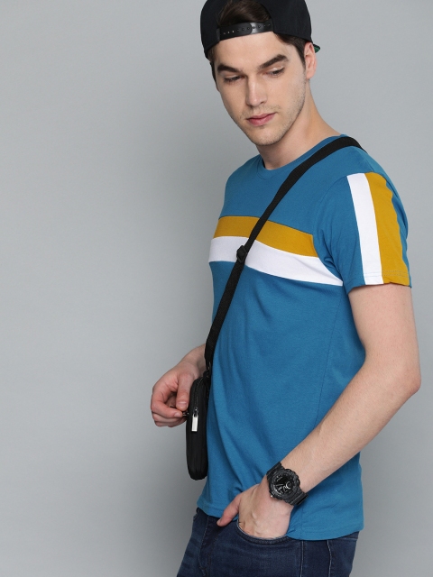 

HERE&NOW Men Blue & Mustard Yellow Striped Round Neck T-shirt