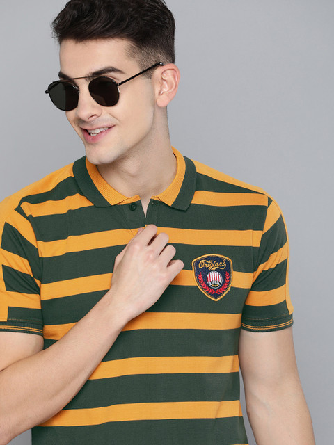 

HERE&NOW Men Olive Green & Mustard Yellow Striped Polo Collar T-shirt